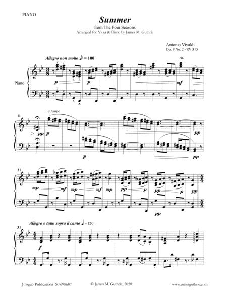 Free Sheet Music Vivaldi Summer From The Four Seasons For Viola Piano