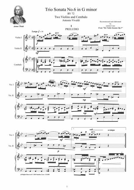 Free Sheet Music Vivaldi Trio Sonata No 6 In G Minor Rv 72 Op 5 For Two Violins And Cembalo