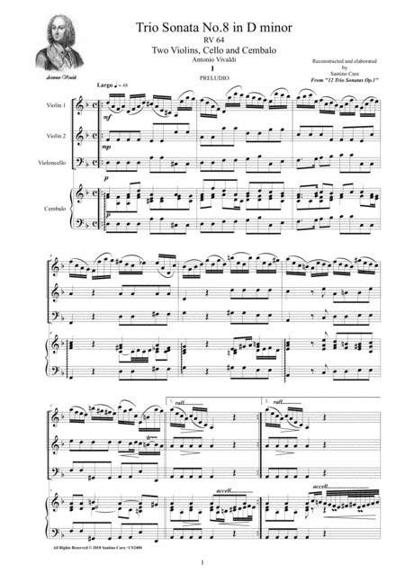 Vivaldi Trio Sonata No 8 In D Minor Rv 64 For Two Violins Cello And Cembalo Sheet Music