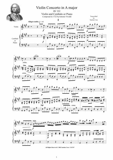 Vivaldi Violin Concerto In A Major Rv 352 For Violin And Cembalo Or Piano Sheet Music