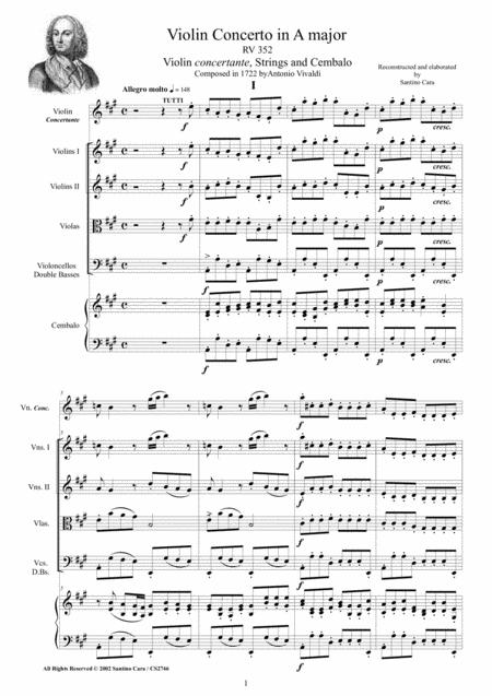 Free Sheet Music Vivaldi Violin Concerto In A Major Rv 352 For Violin Strings And Cembalo