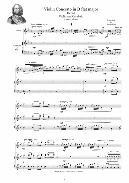 Vivaldi Violin Concerto In B Flat Major Rv 367 For Violin And Cembalo Or Piano Sheet Music