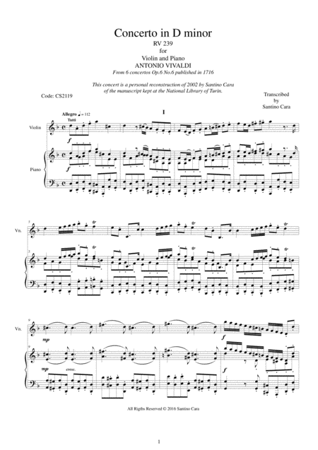 Vivaldi Violin Concerto In D Minor Rv 239 Op 6 No 6 For Violin And Piano Sheet Music