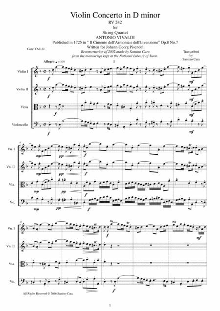 Free Sheet Music Vivaldi Violin Concerto In D Minor Rv 242 Op 8 No 7 For String Quartet