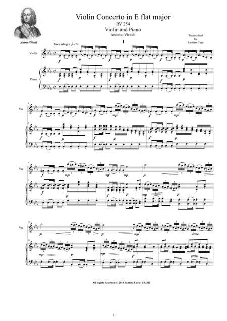 Vivaldi Violin Concerto In E Flat Major Rv 254 For Violin And Piano Sheet Music