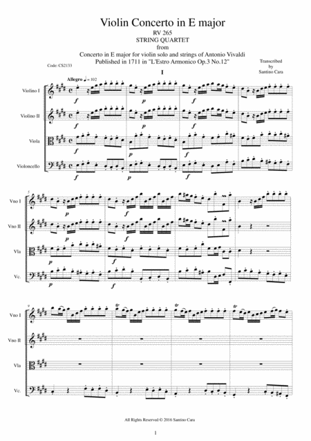 Vivaldi Violin Concerto In E Major Rv 265 Op 3 No 12 For String Quartet Sheet Music