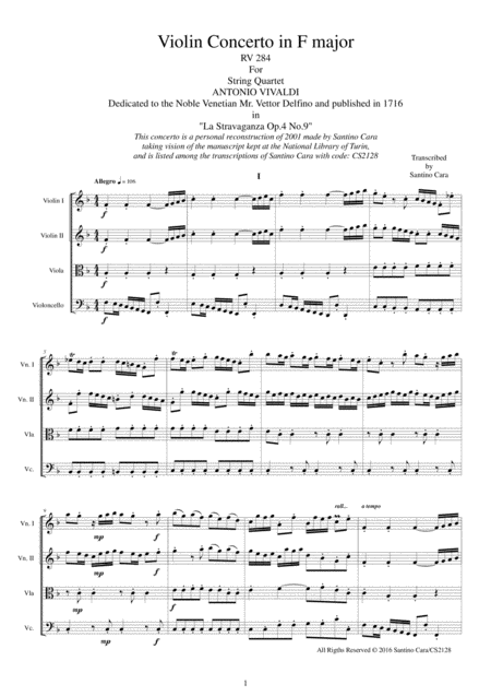 Free Sheet Music Vivaldi Violin Concerto In F Major Rv 284 Op 4 No 9 For String Quartet