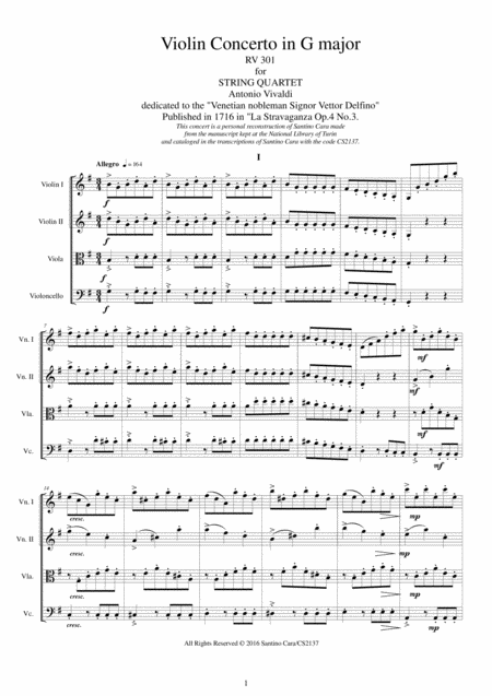 Vivaldi Violin Concerto In G Major Rv 301 Op 4 No 3 For String Quartet Sheet Music