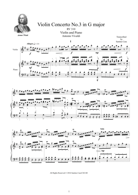 Vivaldi Violin Concerto In G Major Rv 310 Op 3 No 3 For Violin And Piano Sheet Music