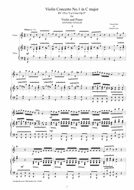 Vivaldi Violin Concerto No 1 In C Major Rv181 Op 9 For Violin And Piano Sheet Music