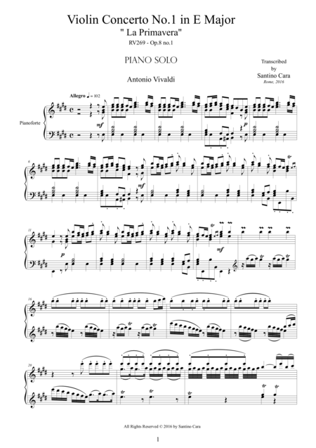 Vivaldi Violin Concerto No 1 In E Major La Primavera Rv 269 Piano Solo Sheet Music