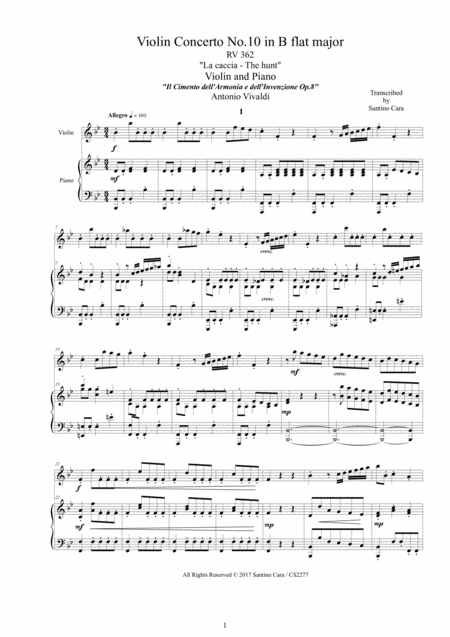 Vivaldi Violin Concerto No 10 In B Flat Rv 362 La Caccia Op 8 For Violin And Piano Sheet Music