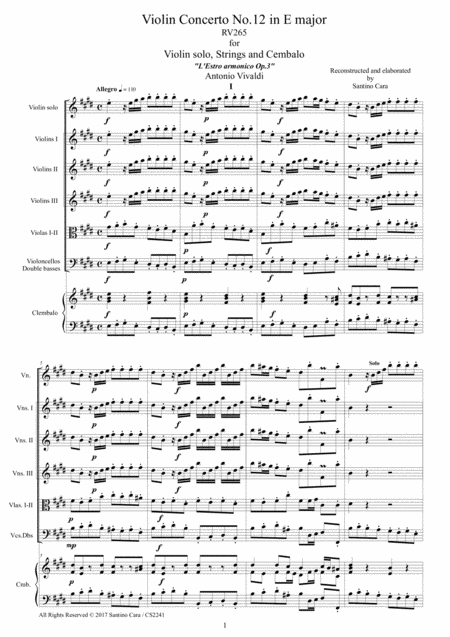 Vivaldi Violin Concerto No 12 In E Major Rv 265 Op 3 For Violin Solo Strings And Cembalo Sheet Music