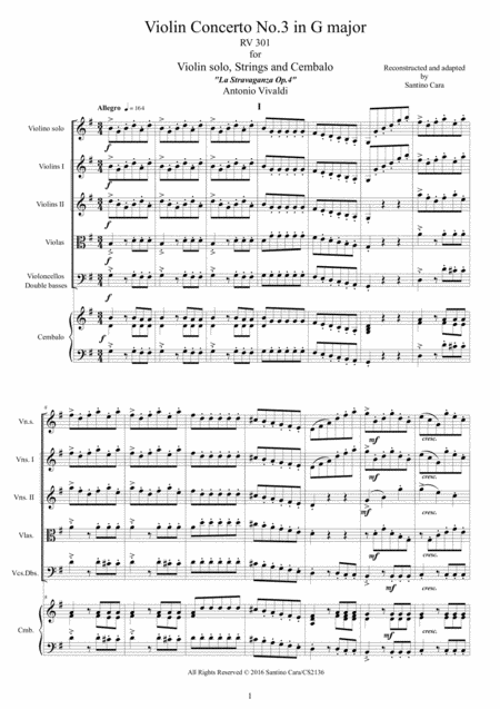 Vivaldi Violin Concerto No 3 In G Major Op 4 Rv 301 For Violin Solo Strings And Cembalo Sheet Music