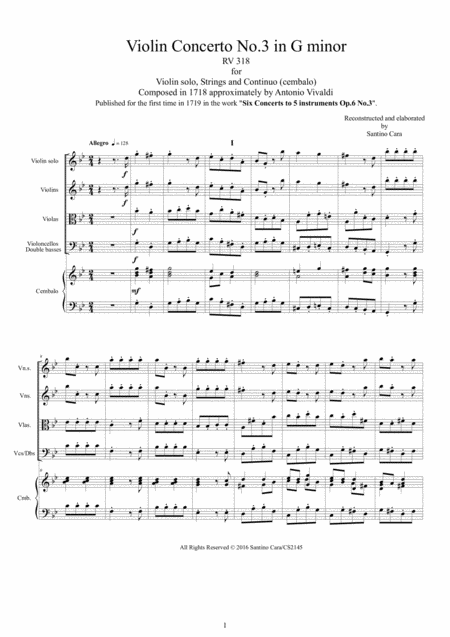 Free Sheet Music Vivaldi Violin Concerto No 3 In G Minor Rv 318 Op 6 For Violin Solo Strings And Continuo