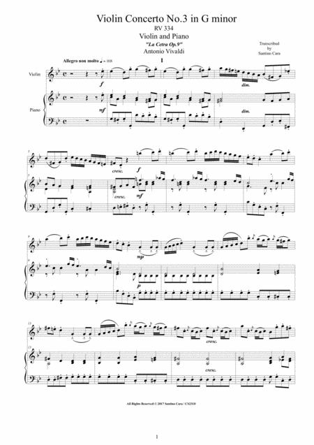 Vivaldi Violin Concerto No 3 In G Minor Rv 334 Op 9 For Violin And Piano Sheet Music