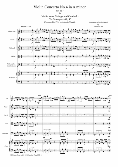 Vivaldi Violin Concerto No 4 In A Minor Op 4 Rv 357 For Violin Solo Strings And Cembalo Sheet Music