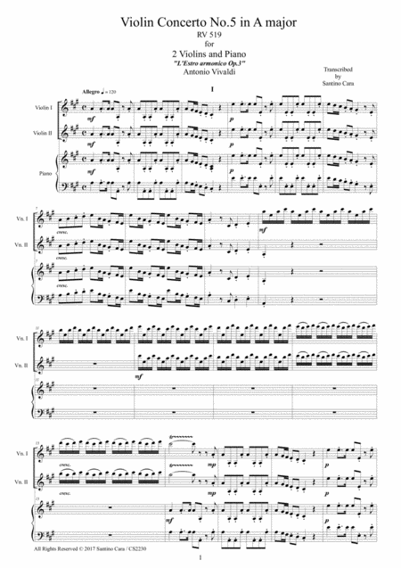 Free Sheet Music Vivaldi Violin Concerto No 5 In A Major Rv 519 Op 3 For Two Violins And Piano