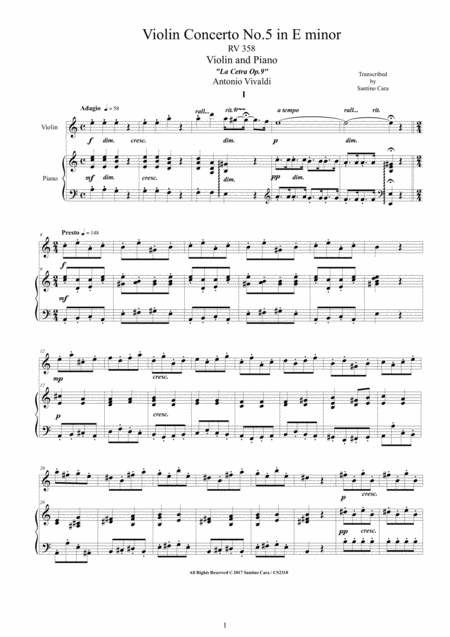 Free Sheet Music Vivaldi Violin Concerto No 5 In E Minor Rv 358 Op 9 For Violin And Piano