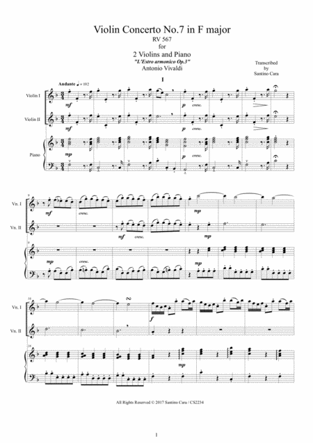 Free Sheet Music Vivaldi Violin Concerto No 7 In F Major Rv 567 Op 3 For Two Violins And Piano