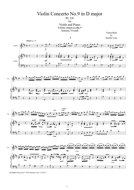 Vivaldi Violin Concerto No 9 Op 3 In D Major Rv 230 For Violin And Piano Sheet Music