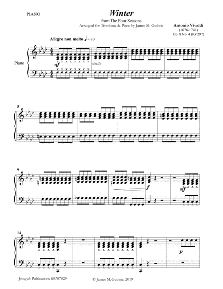 Vivaldi Winter From The Four Seasons For Trombone Piano Sheet Music