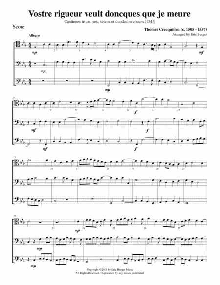 Vostre Rigueur Veult Doncques Que Je Meure For Trombone Or Low Brass Trio Sheet Music