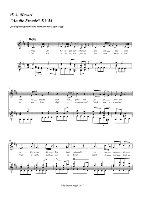 Free Sheet Music W A Mozart An Die Freude Kv 53 For Voice And Guitar