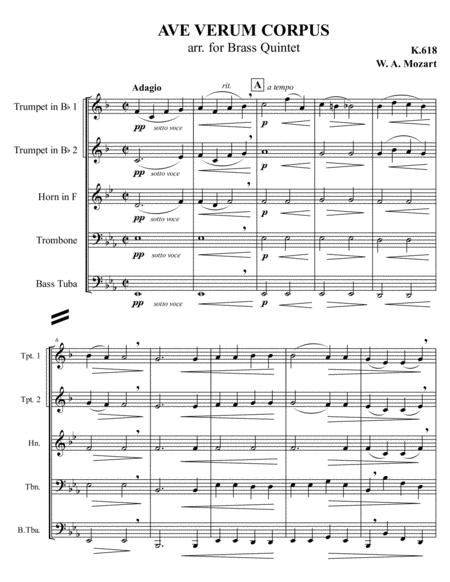 W A Mozart Ave Verum Corpus Arr For Brass Quintet Sheet Music