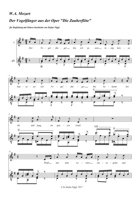 Free Sheet Music W A Mozart Der Vogelfnger From The Magic Flute For Voice And Guitar