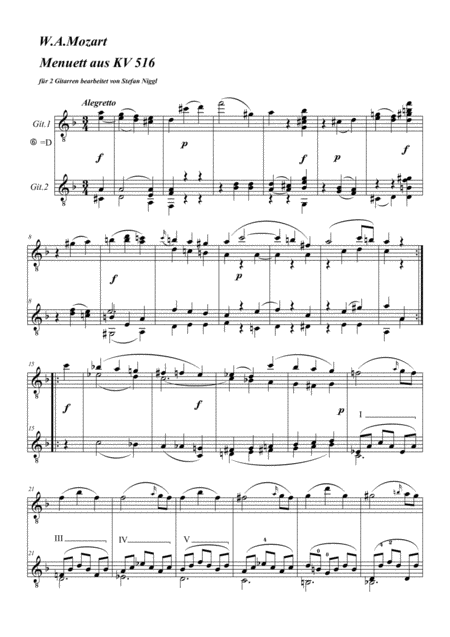 W A Mozart Menuet From String Quintet Kv 516 For Guitar Duet Sheet Music