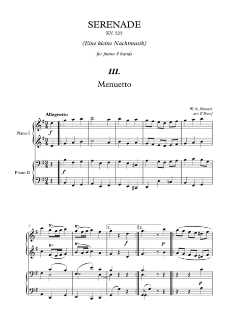 W A Mozart Serenade Kv 525 Eine Kleine Nachtmusik For Piano 4 Hands Iii Mov Sheet Music