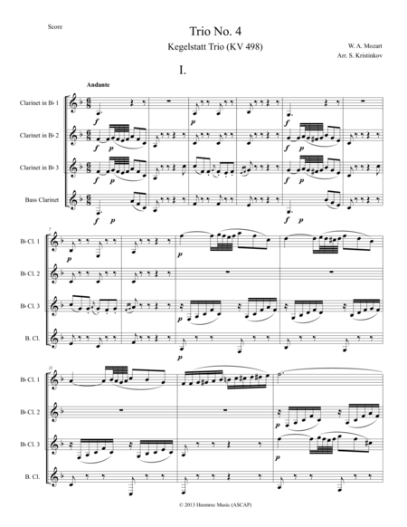 Free Sheet Music W A Mozart Trio No 4 Kegelstatt Trio Kv 498 Arranged For Clarinet Quartet