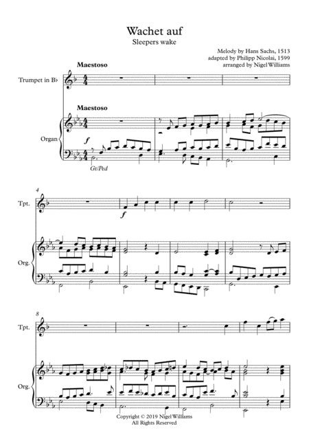 Free Sheet Music Wachet Auf For Trumpet And Organ