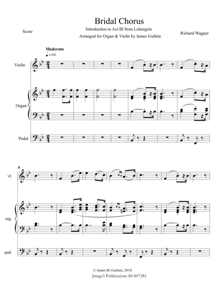 Wagner Bridal Chorus For Violin Organ Sheet Music