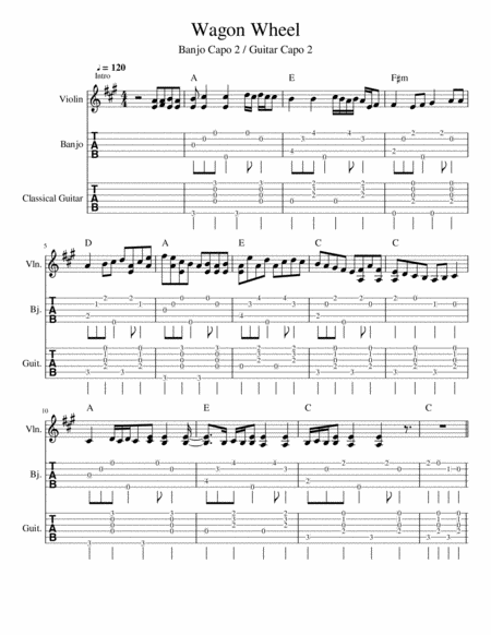 Wagon Wheel Fiddle Lead Notation Guitar Banjo Accompaniment Capo 2 In Tab Sheet Music