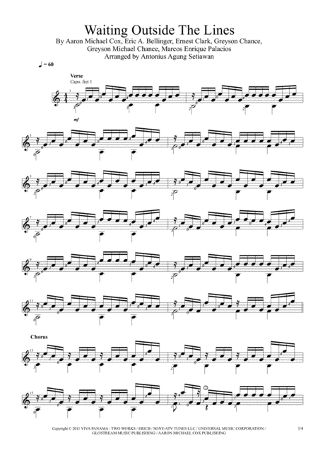 Waiting Outside The Lines Solo Guitar Score Sheet Music