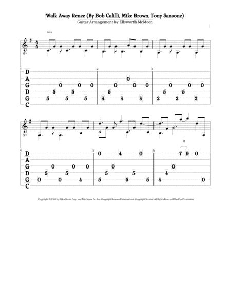 Walk Away Renee For Fingerstyle Guitar Tuned Cgdgad Sheet Music