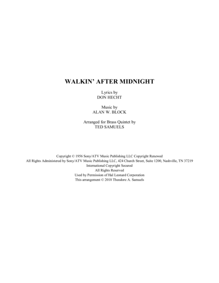 Walkin After Midnight Brass Quintet Sheet Music