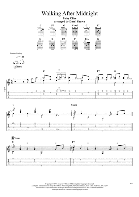 Walkin After Midnight Patsy Cline For Solo Fingerstyle Guitar Sheet Music