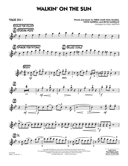 Free Sheet Music Walkin On The Sun Arr Paul Murtha Tenor Sax 1