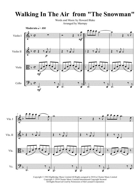 Free Sheet Music Walking In The Air Howard Blake Arranged For String Quartet