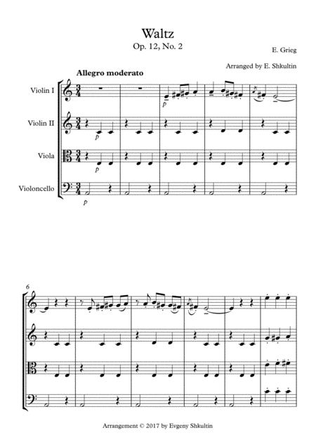 Waltz From Lyric Pieces Op 12 No 2 For String Quartet Sheet Music