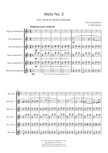 Free Sheet Music Waltz No 2 Shostakovich Saattb Saxophone Sextet