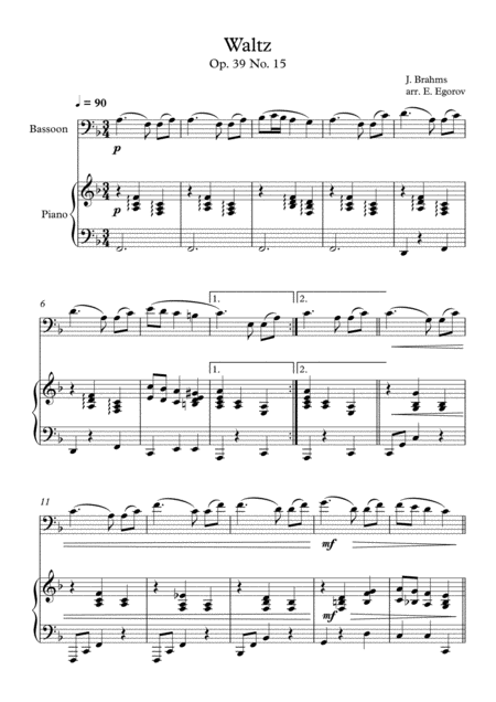 Waltz Op 39 No 15 Johannes Brahms For Bassoon Piano Sheet Music