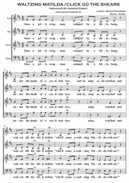 Free Sheet Music Waltzing Matilda Click Go The Shears Medley