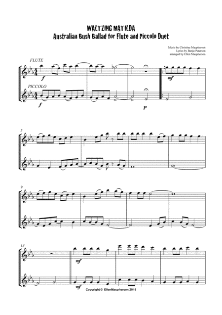 Free Sheet Music Waltzing Matilda Flute And Piccolo