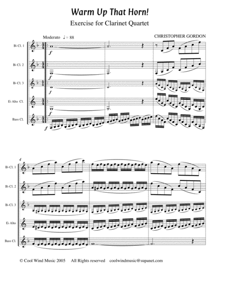 Free Sheet Music Warm Up That Horn For Clarinet Quartet 2 Clarinets In B Flat 3rd Clarinet In B Flat Or Alto Clarinet In E Flat And Bass Clarinet In B Flat