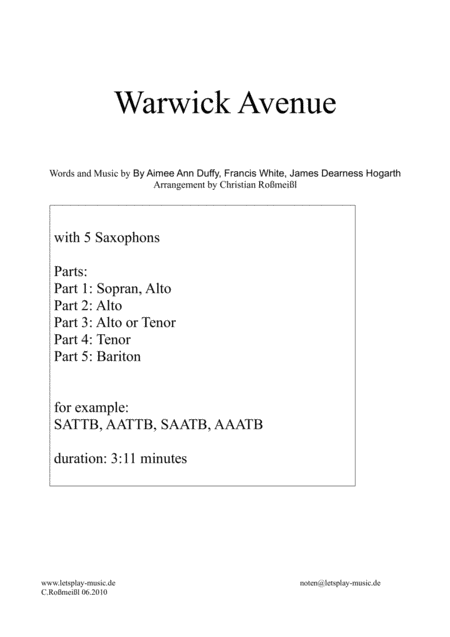 Free Sheet Music Warwick Avenue With 5 Saxophons