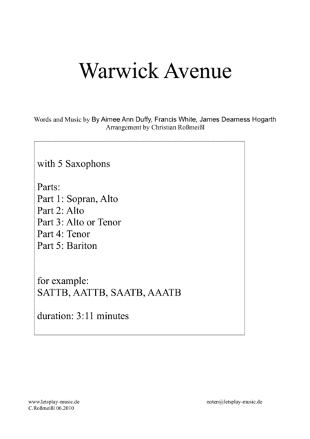 Warwick Avenue With 5 Saxophons Sheet Music